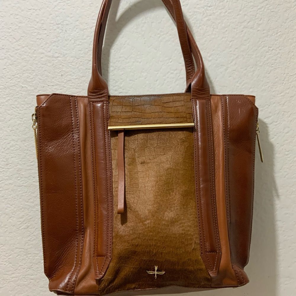 Pour La Victoire  Large Tote Bag in Leather and Pony Hair brown side zip